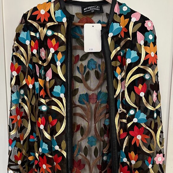 Wil Stiles black sheer with sewn on flowers zip up jacket - Picture 1 of 5